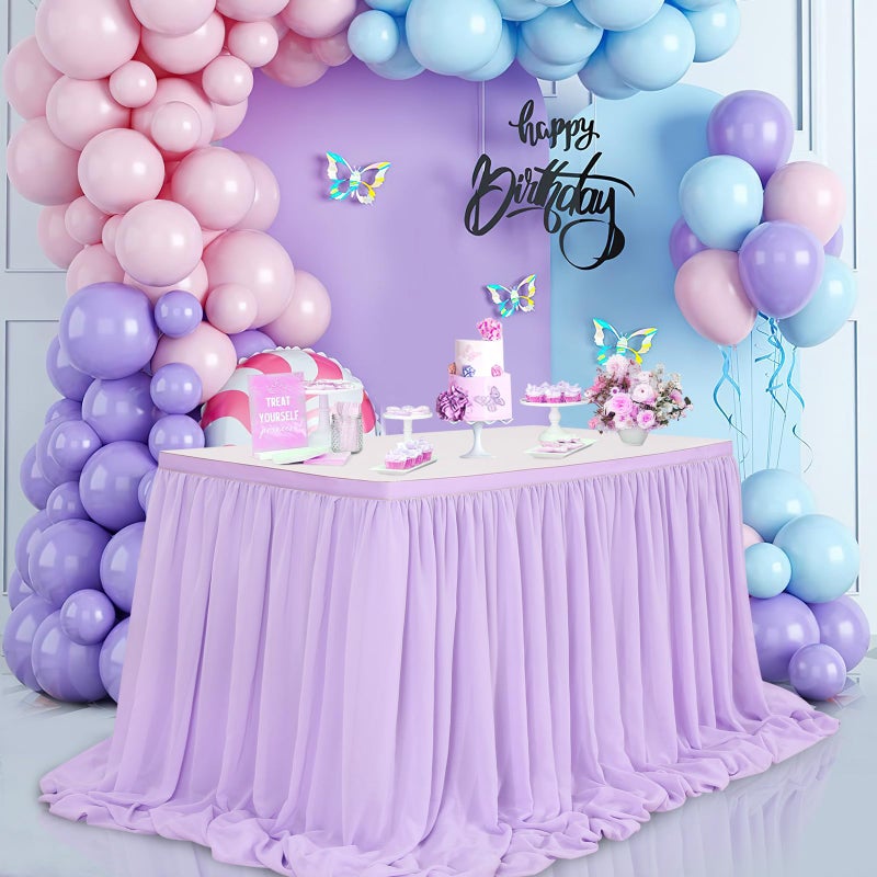 QueenDream Lavender Chiffon Table Skirt 6ft for Rectangle Tables Purple Mermaid Table Skirting for Wedding Birthday Butterfly Party Baby Shower - Image 4